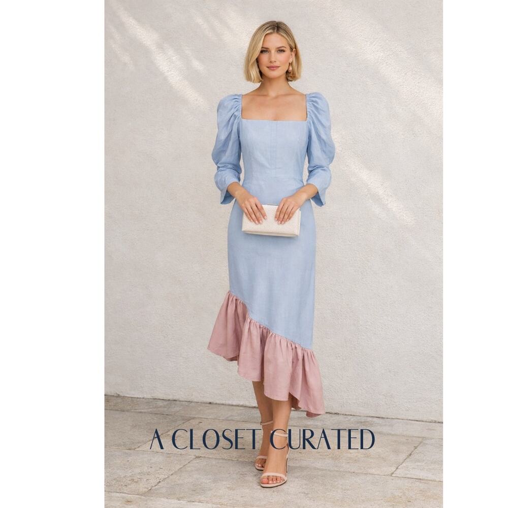 pushBUTTON Plaid Asymmetrical Midi Dress Small Blue NEW